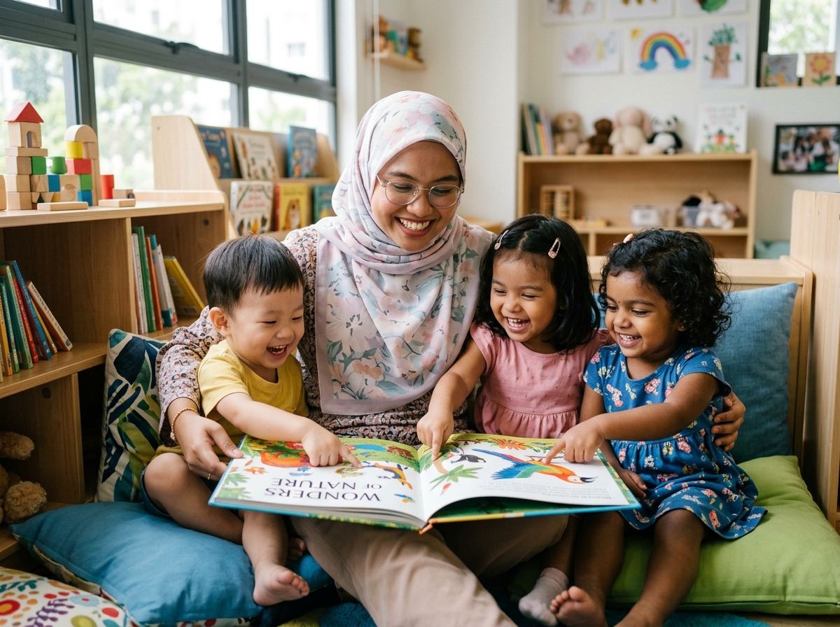 Pendidik bertauliah membaca buku cerita bersama anak-anak berbilang kaum